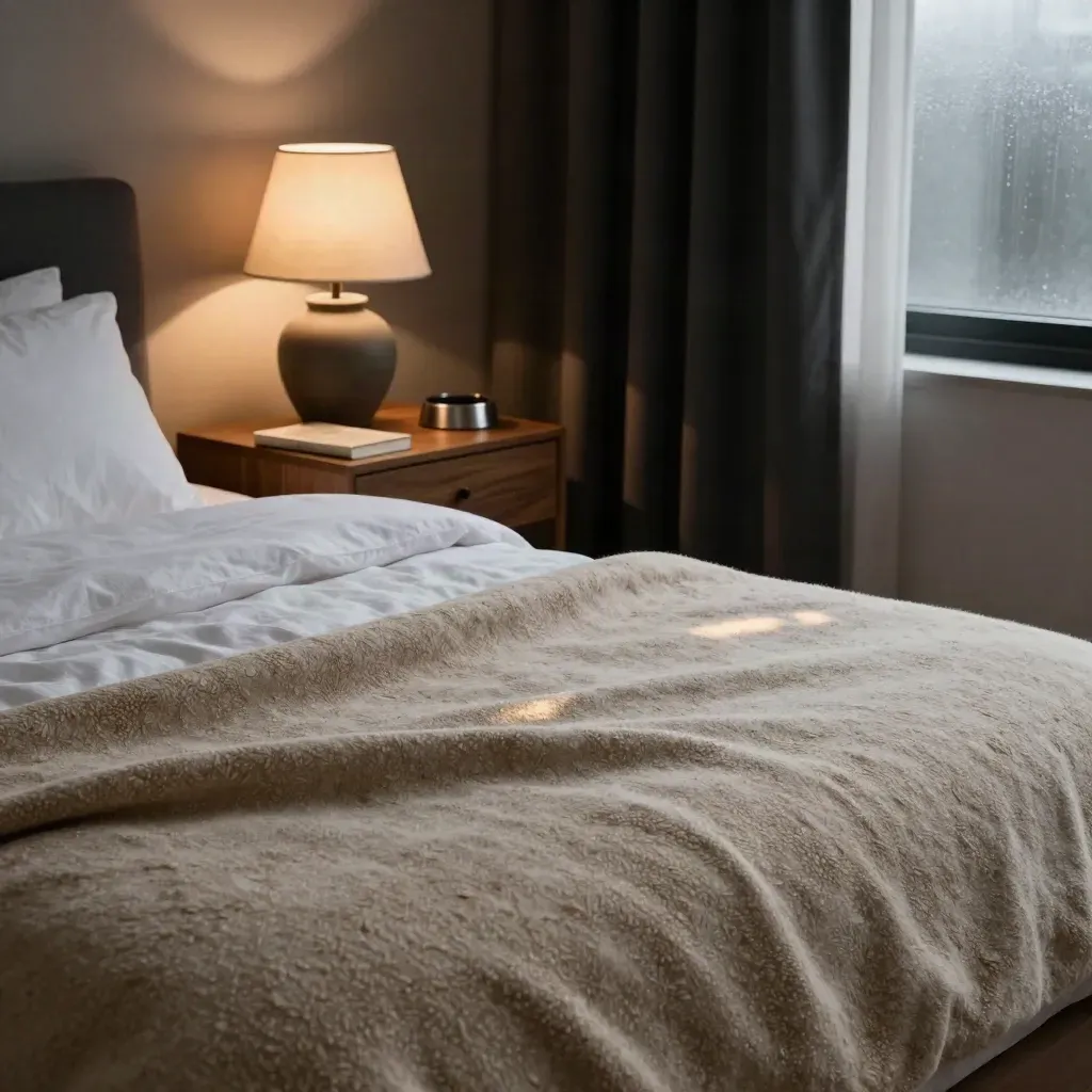 Weighted throw on a made bed by a glowing lamp in a calm dark bedroom with blackout curtains.