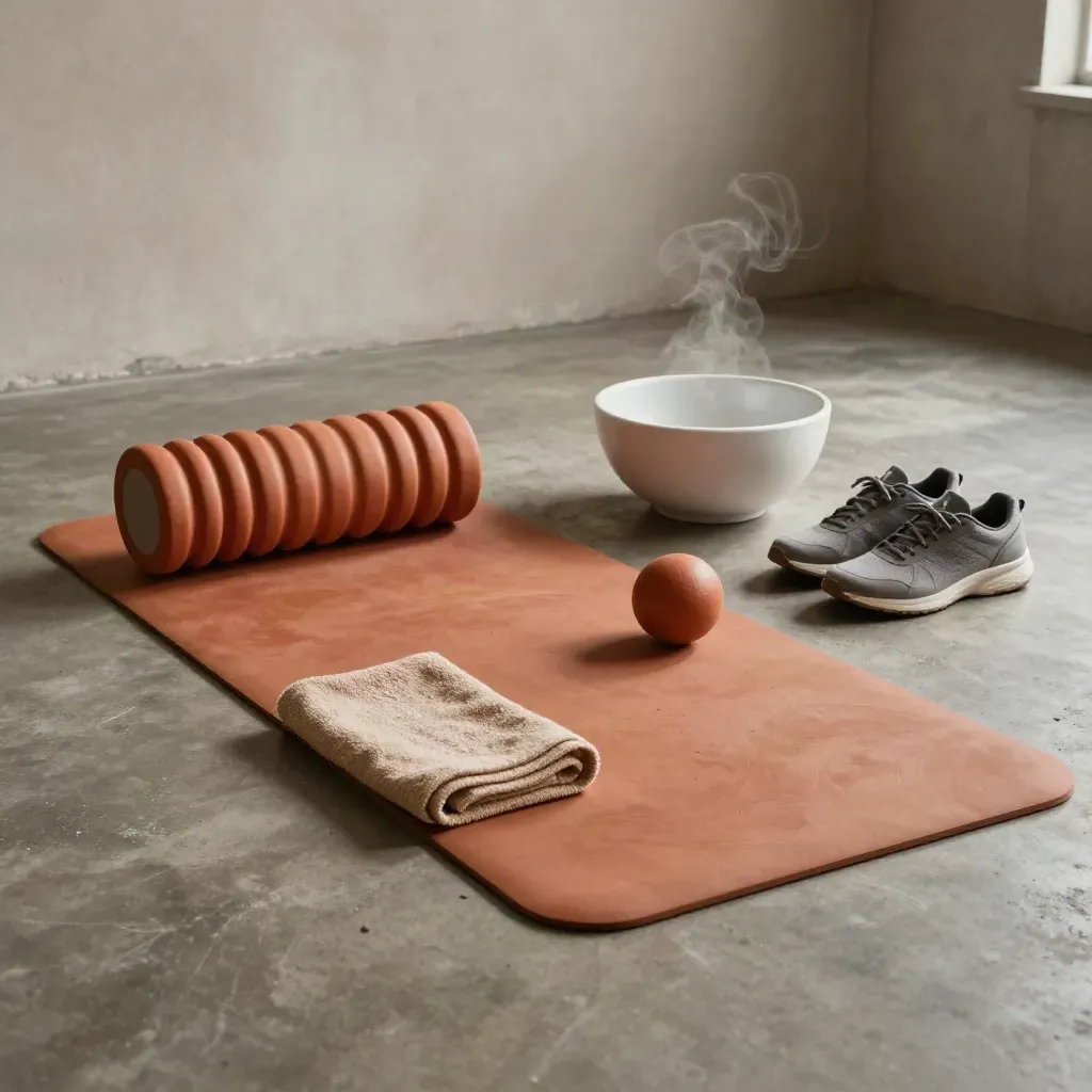 Recovery mat, foam roller, towel, lacrosse ball, magnesium bowl and trainers on a calm studio floor.