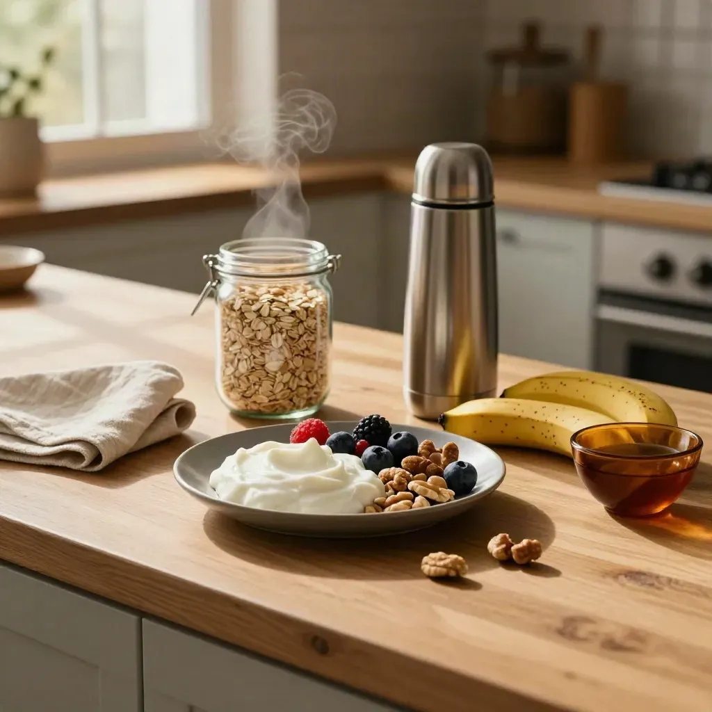 Sunlit kitchen snack setup with yoghurt, oats, banana, tea thermos and steam