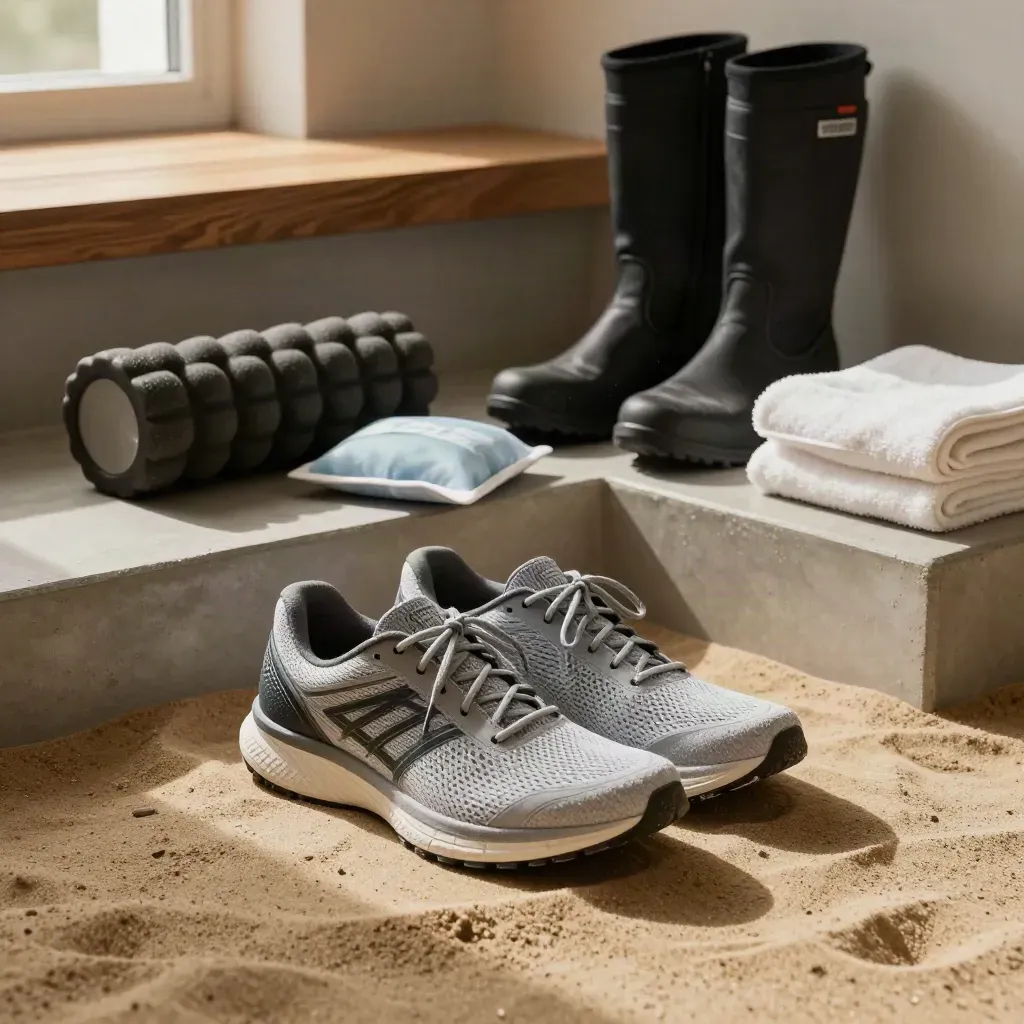 Recovery shoes, foam roller, compression boots, towel and ice pack on a gym bench.
