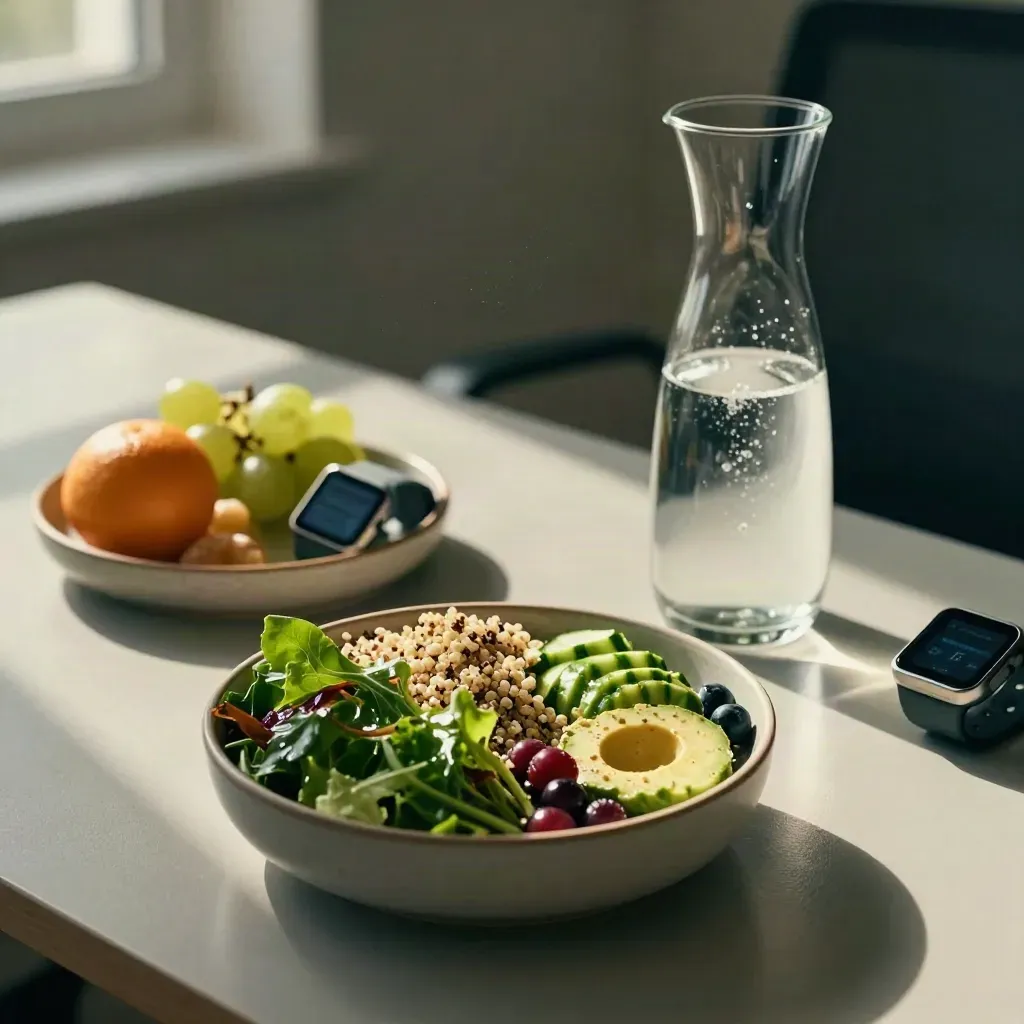 Lunch bowl, wearable and carafe mid-pour on a desk, frozen in late-day light.