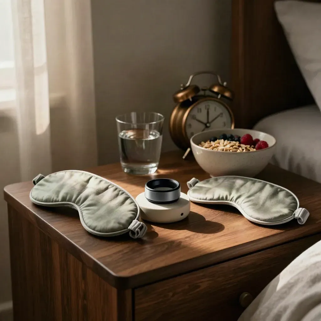 Smart ring on charger beside sleep mask, oats bowl and alarm clock in a moody bedside dawn scene.