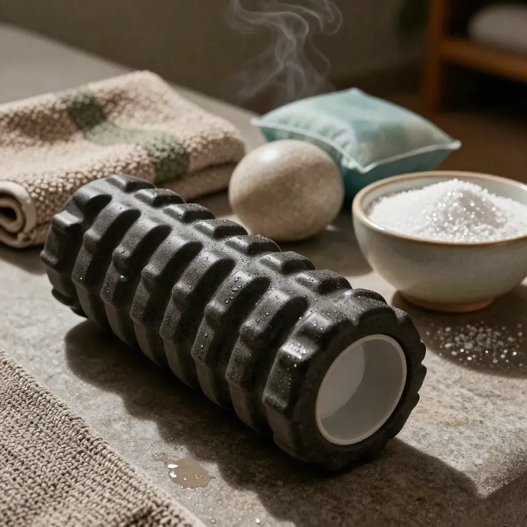 Condensation-beaded recovery tools: foam roller, towel, ice pack, massage ball and magnesium flakes.