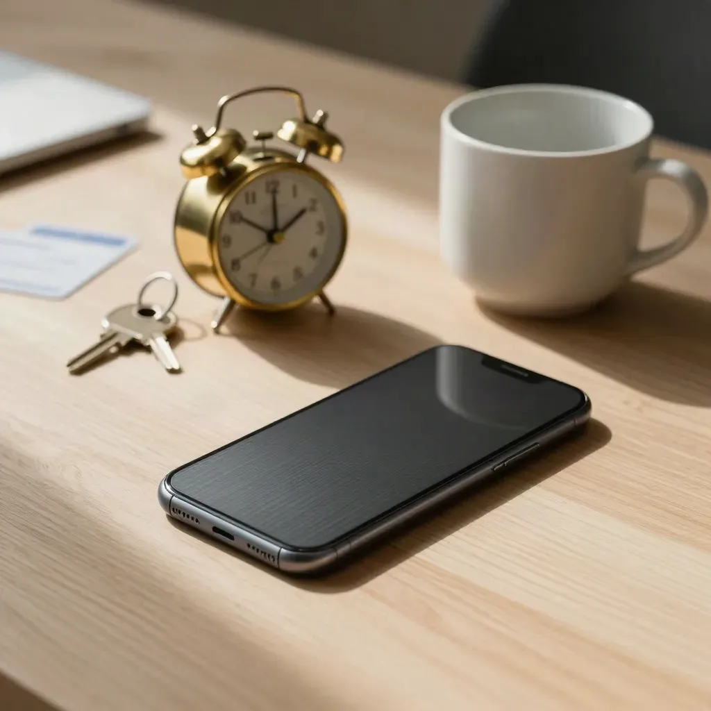 Face-down phone, brass clock, key and ceramic cup on pale wood desk.