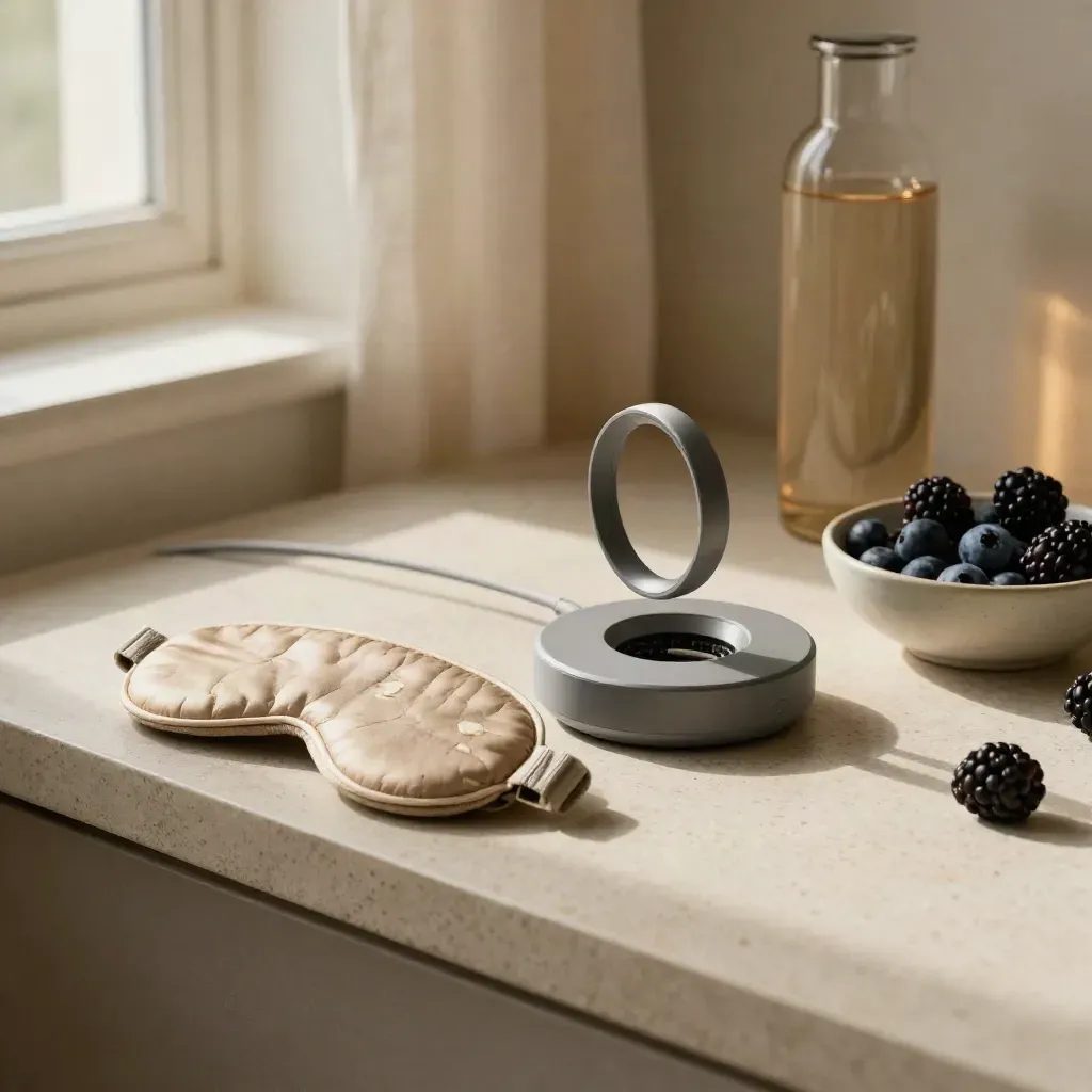 Ring charger, sleep mask, pill sorter, berries and water bottle on travertine in soft morning light.
