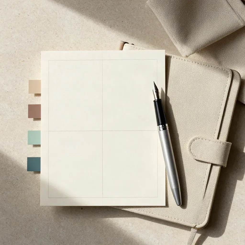 Overhead flatlay of planning cards, pen, tabs, pouch and notebook on pale stone.