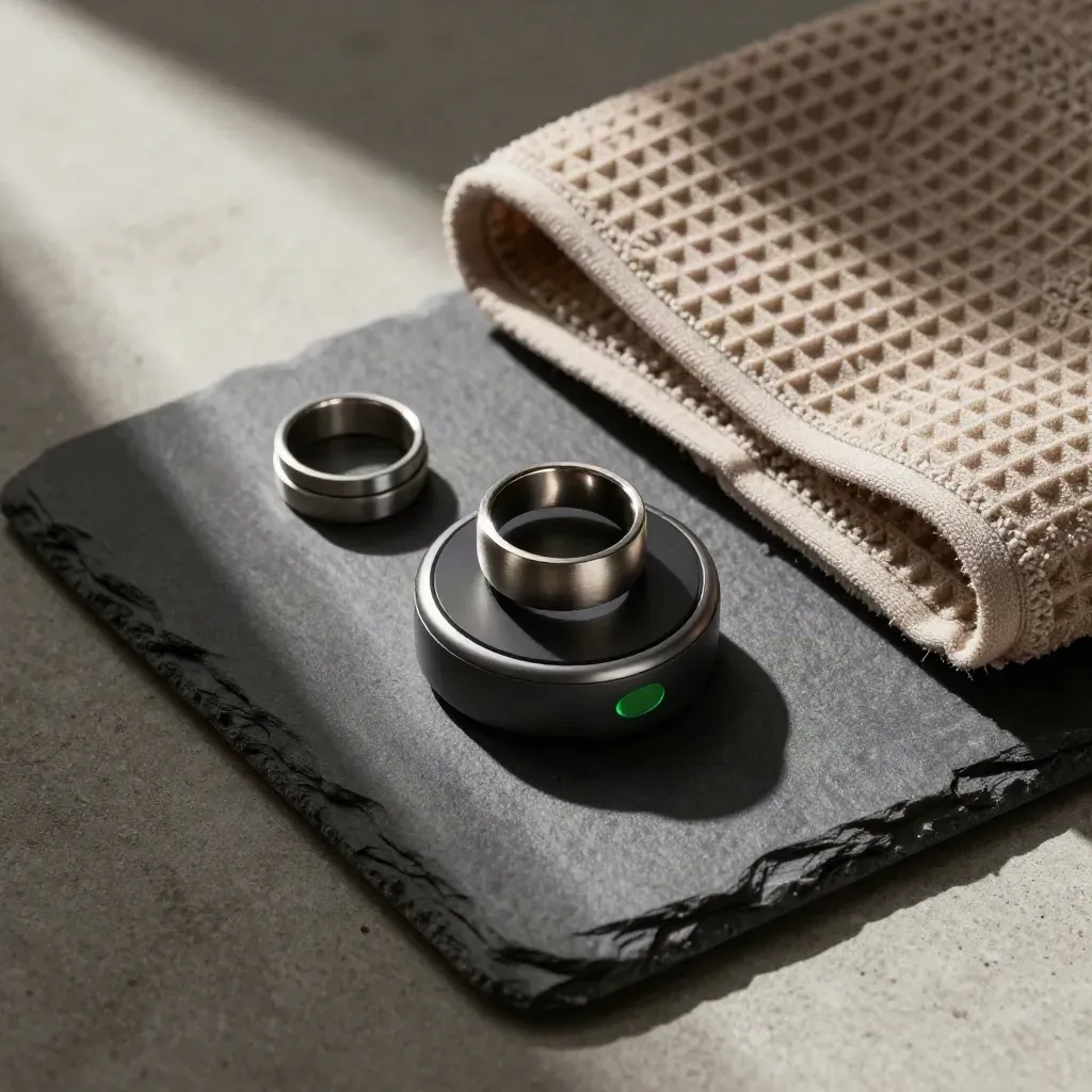 Smart ring on a charger with stone tally stack and folded workout towel on a slate tray