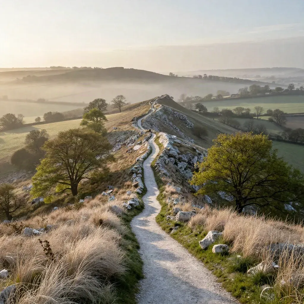 Surrey Hills ridge with chalk path, beech trees and misty fields at sunrise.