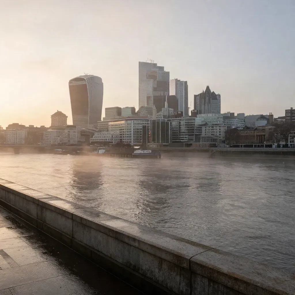 Thames mist and the City skyline at dawn, wet embankment and calm river space for copy
