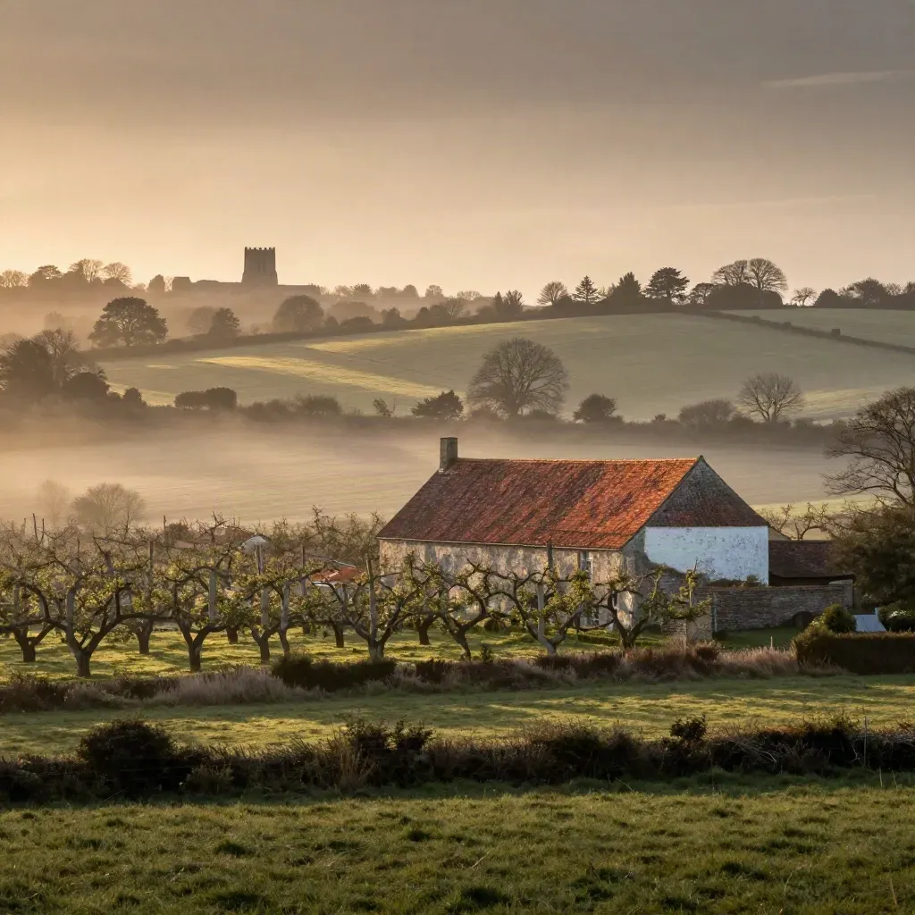 Kent orchards and an oast house in golden haze above calm hop fields and church towers