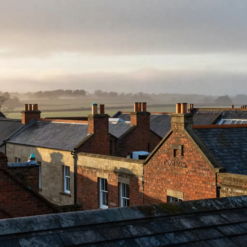 British rooftops and misty skyline at dawn with calm open sky for copy