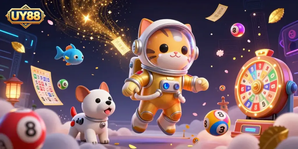 Experience UY88's vibrant casino universe with a colorful and dynamic 3D illustration.