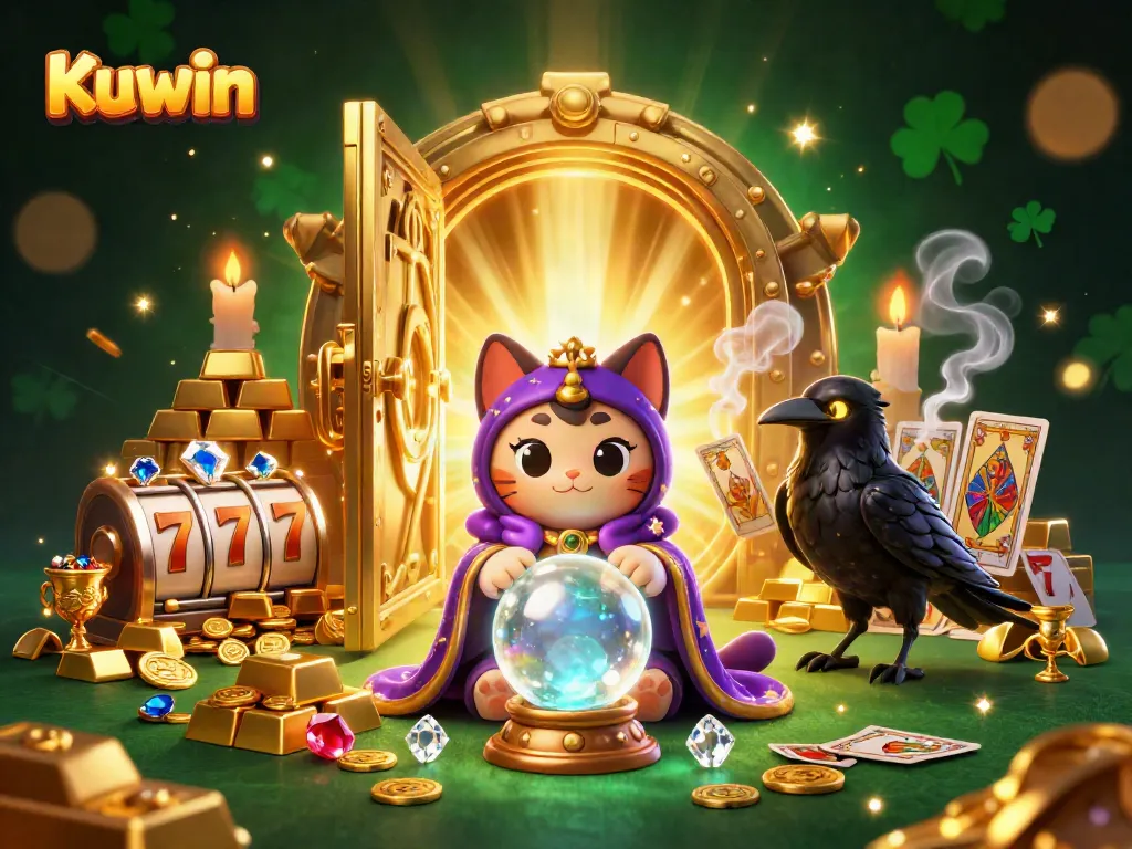 Kuwin's vibrant casino scene featuring a fortune teller cat and a raven with tarot cards