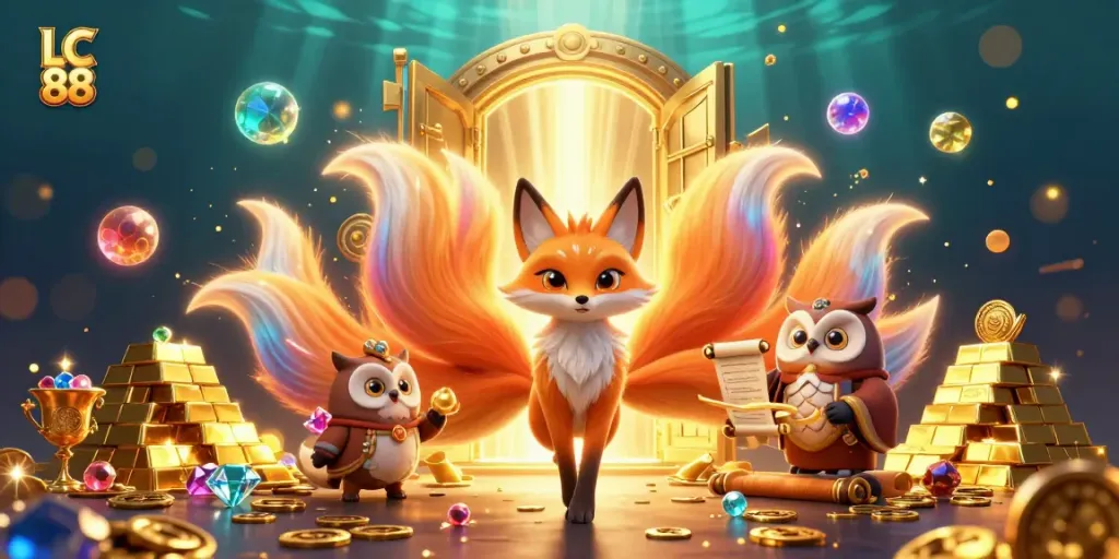 Engage in exciting gameplay at LC 88, featuring vibrant characters and dazzling treasures in a rich casino atmosphere.