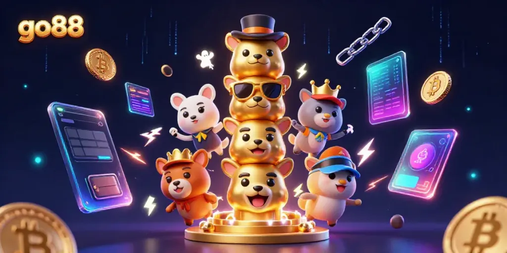 Experience thrilling gameplay at go88 with dazzling animated characters and crypto elements in a vibrant casino setting.