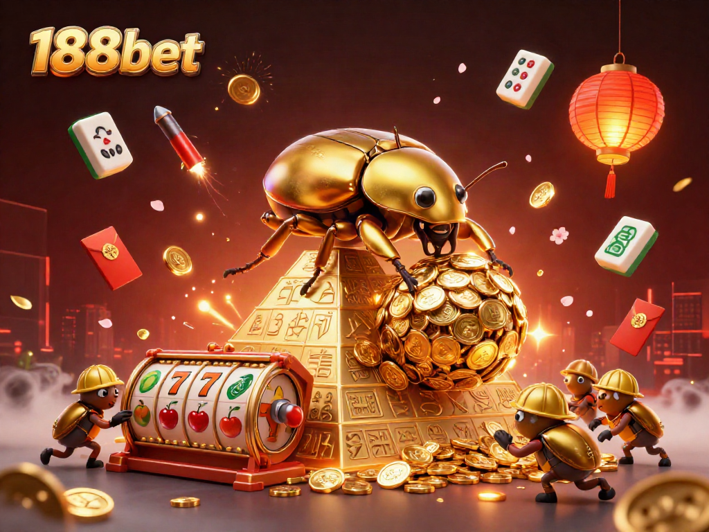Engage with thrilling 188bet actions as a cartoon golden dung beetle rolls gold coins, with casino elements