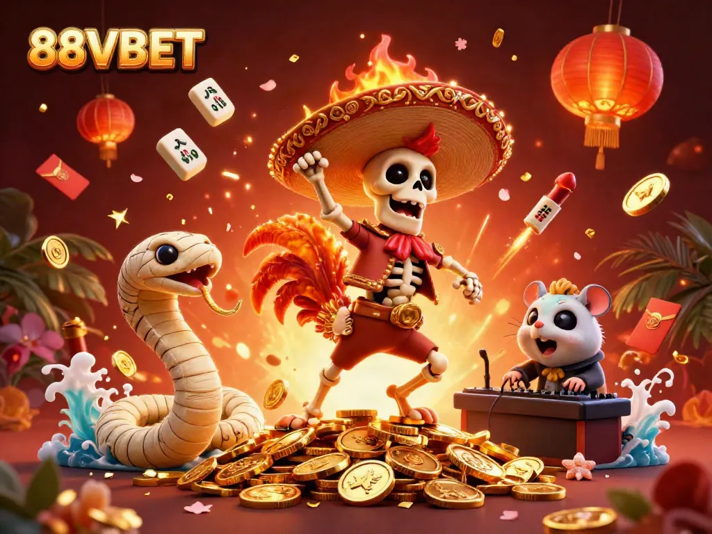 Experience excitement at 88VBET with skeletons and vibrant casino elements in this engaging illustration.