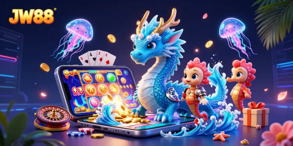 Play exciting games at JW88 with a vibrant 3D dragon and captivating casino elements.