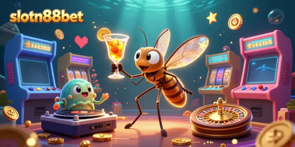 Experience the excitement of slotn88bet with our vivid casino-themed illustration, showcasing unique characters.