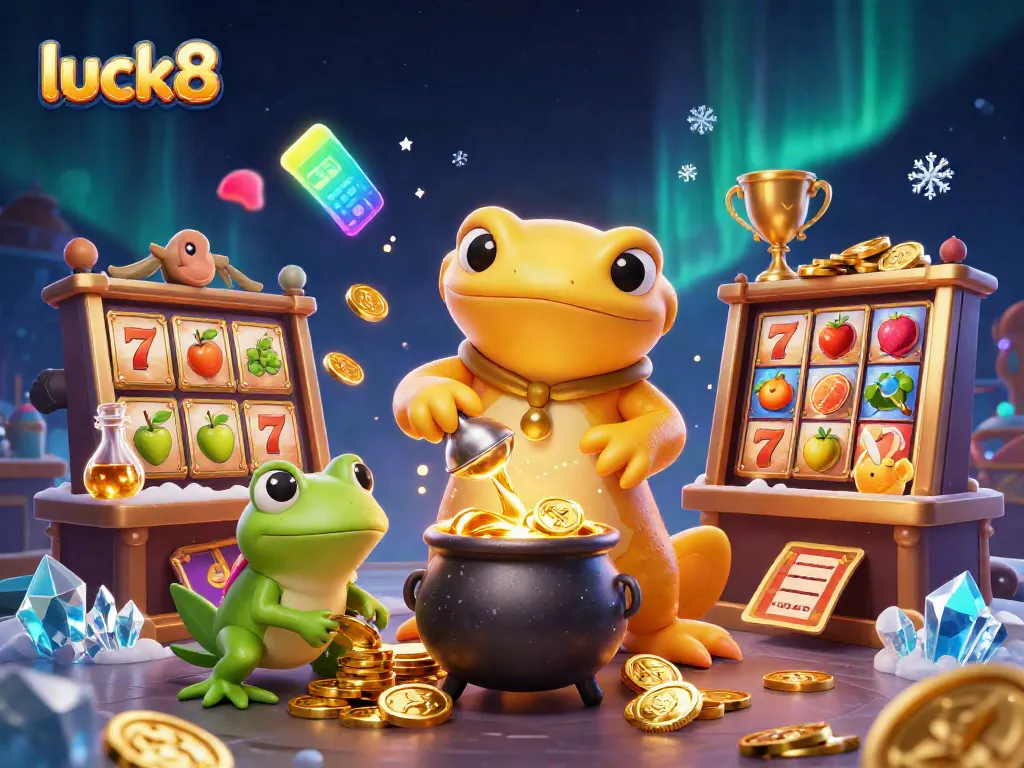 Experience the magic of luck8 in this vibrant 3D casino scene with iconic slots and casino elements.