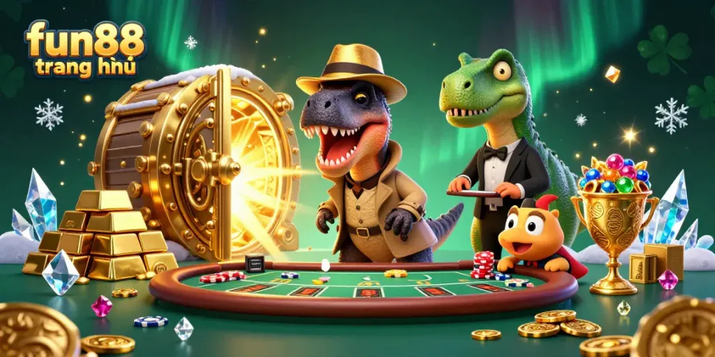 Engage with fun88 trang chủ as a velociraptor sneaks chips at a glamorous casino table.