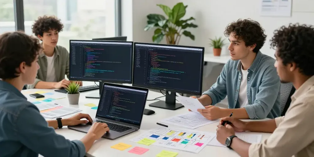 Team collaborating in a modern workspace showcasing a hosting and SEO platform.