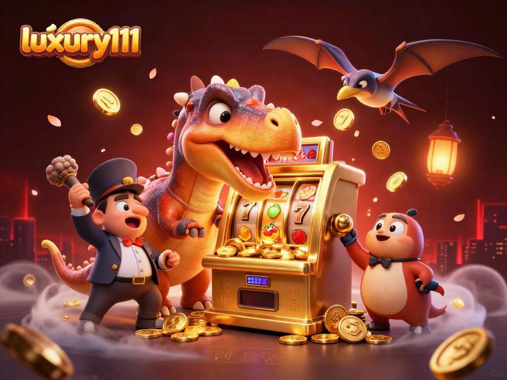 Luxury111's vibrant casino scene with dinosaurs and jackpot excitement