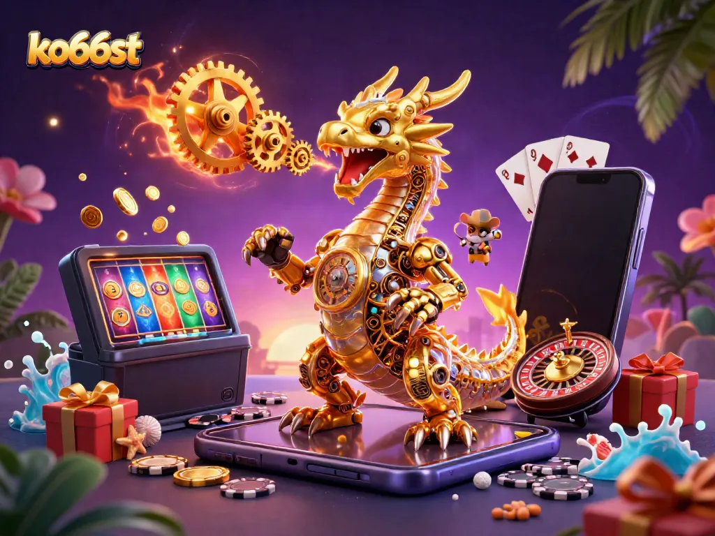 Experience the excitement of ko66st with a golden dragon and dynamic gaming elements in a vibrant casino scene.