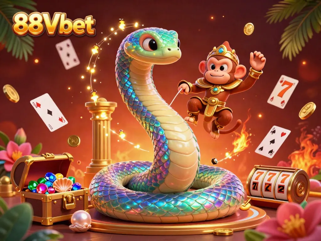 Join the excitement of 88Vbet with vibrant characters and dynamic casino game elements in a dazzling illustration.