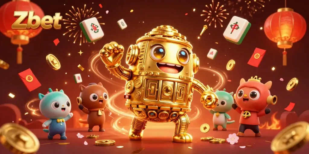 Experience winning excitement with Zbet's dynamic gaming world featuring a golden golem and festive elements.