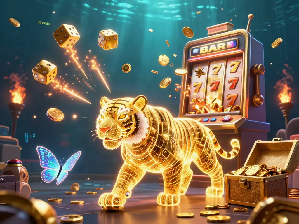 Experience the thrill of Five88 with a golden tiger in a dynamic casino scene featuring jackpots, games, and vibrant visuals.