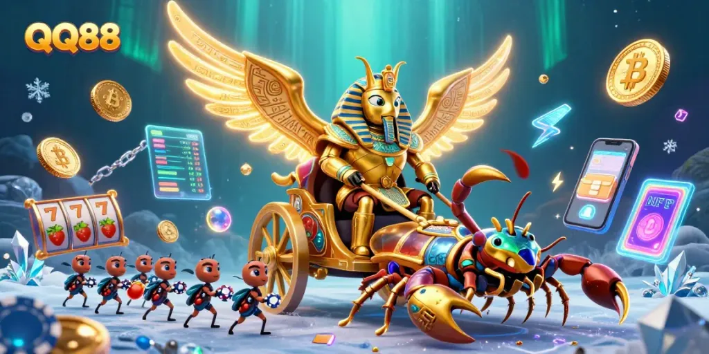 Engage in thrilling casino action with QQ88's dynamic 3D illustration featuring jackpot elements and colorful coins.