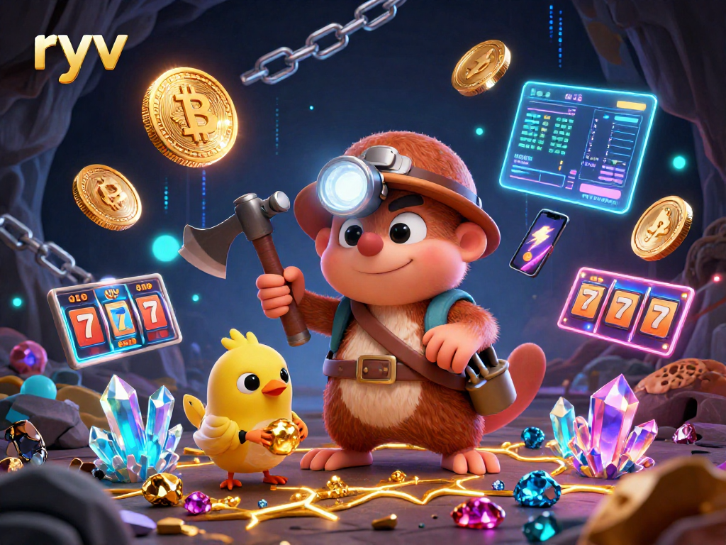 Experience the thrill of gaming at ryv with a treasure hunter mole and his canary, surrounded by vibrant casino elements.