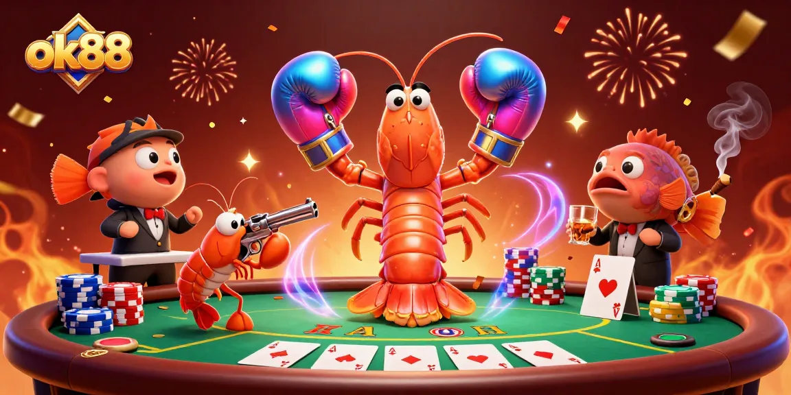 Engage in high-stakes poker with ok88's vibrant casino scene featuring characters and animated elements.