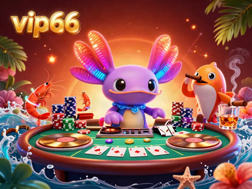 The vip66 platform features a vibrant illustration of a 3D neon axolotl DJ spinning records surrounded by poker elements, creating a dynamic gambling scene.