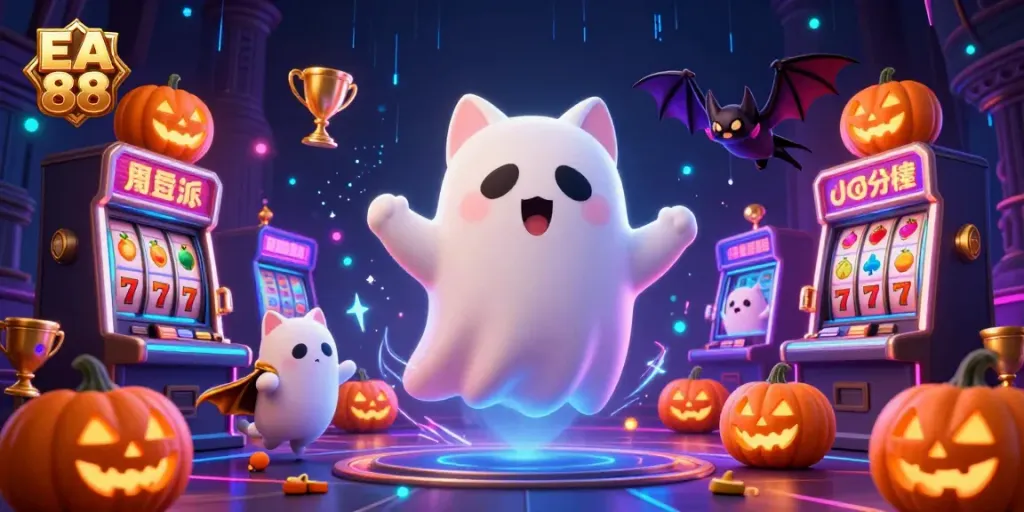 Engaging EA 88 gaming scene showcasing a ghost cat and vampire bat in a haunted casino.