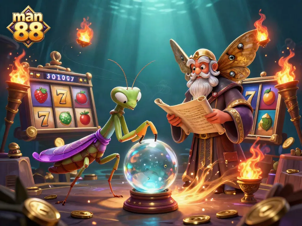 Engage with man 88 in an exciting casino scene featuring a fortune teller, rich slot elements, and magical oracles.