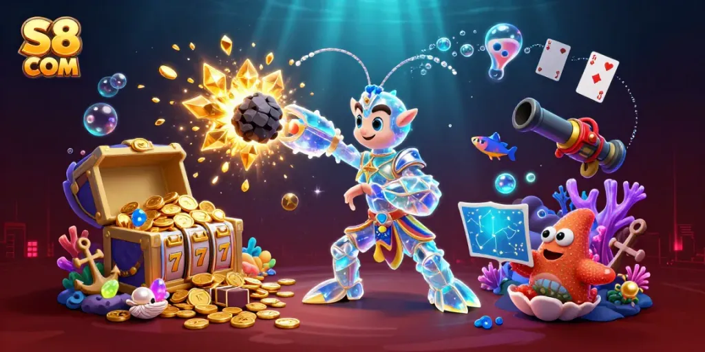 S8 COM showcases a dynamic casino adventure with galactic samurai shrimp and treasure explosions.