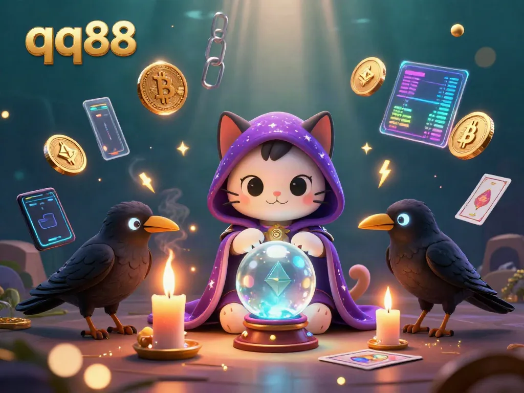 Engage in the mystical world of gambling at qq88, featuring vibrant characters and crypto elements.