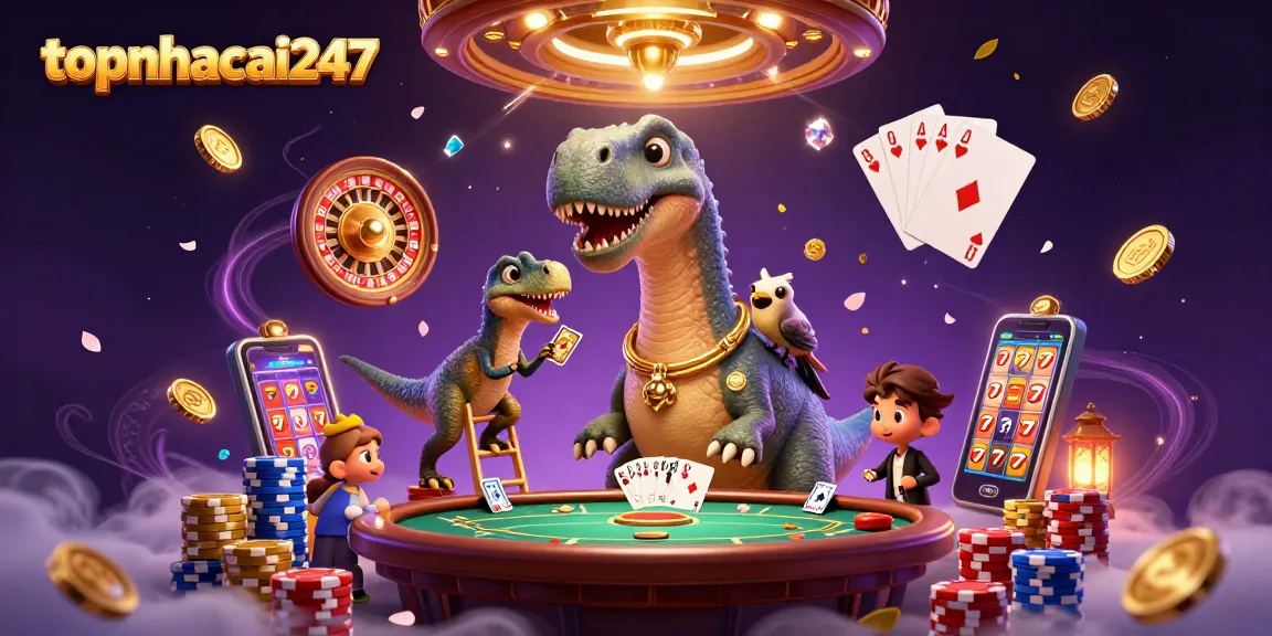 Winning the game with topnhacai247 at a whimsical casino featuring playful characters and vibrant elements.