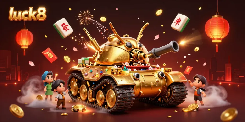 Immerse in luck8's vibrant casino world with a golden beetle tank revealing a miniature gaming paradise.