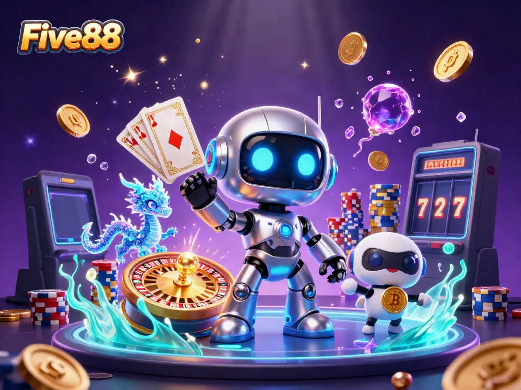 Experience the thrill of Five88 with colorful casino elements and characters in a vibrant digital world.