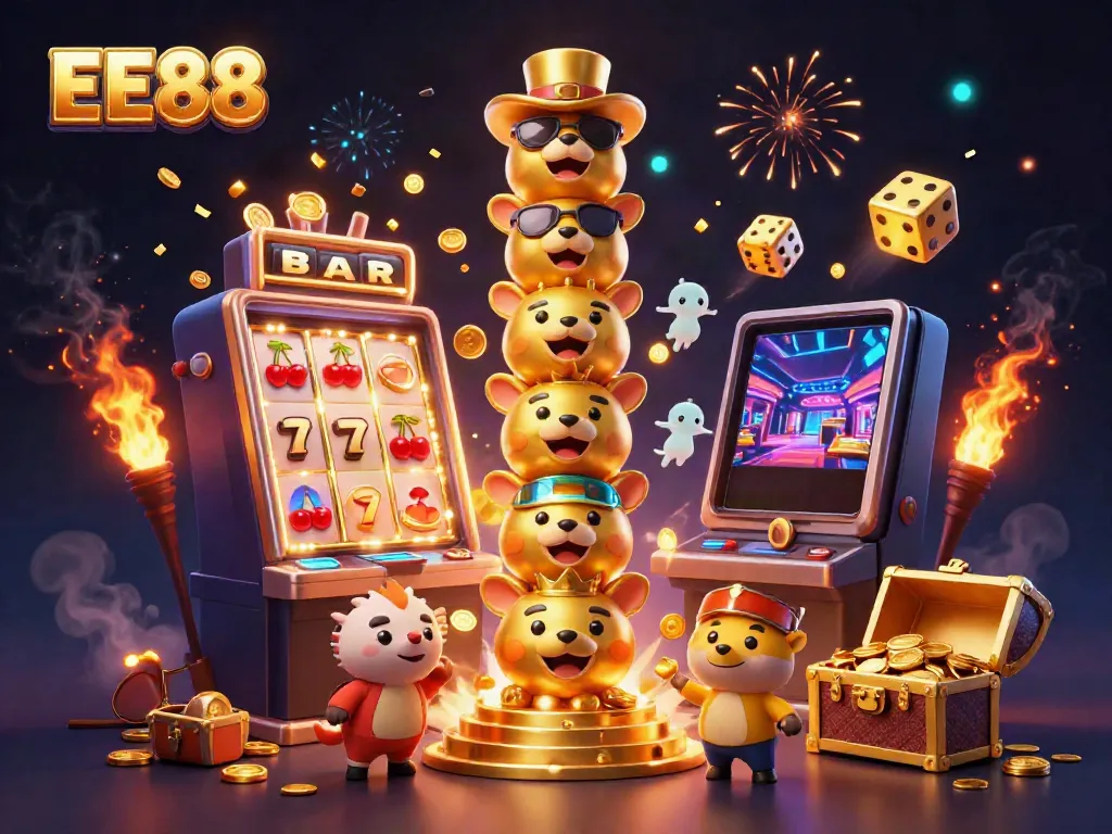 EE88 casino scene bursting with excitement, featuring a golden totem pole, jackpot slot machine, and vibrant game elements.