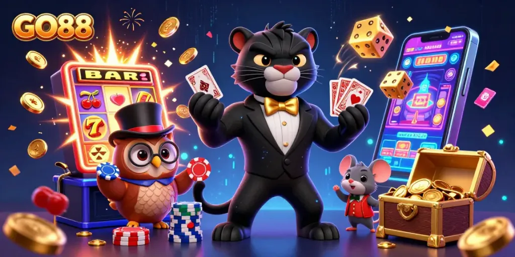 Experience the thrill of GO88 with a vibrant casino scene featuring a panther dealer, owl, and lucky mouse.