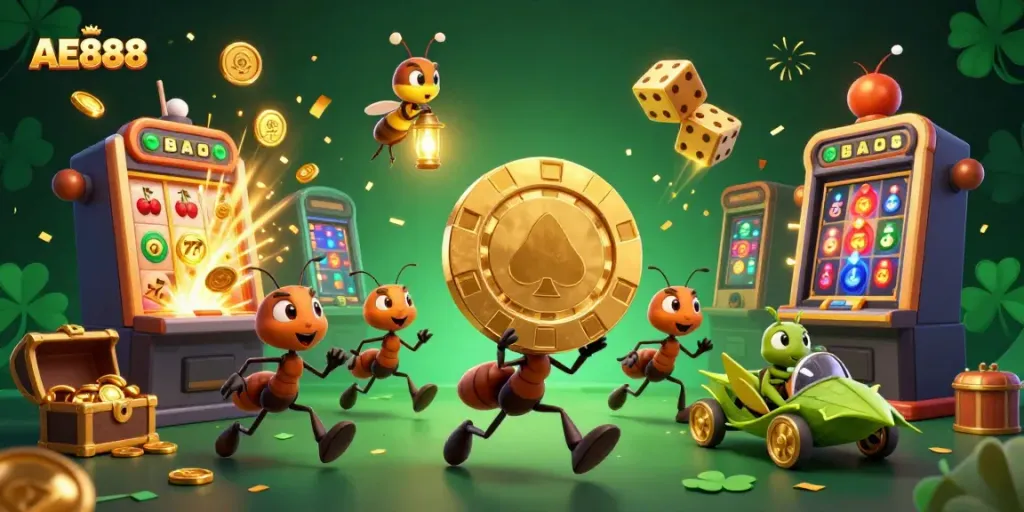 Experience the excitement at AE888 with a lively heist scene featuring ants, poker chips, and vibrant casino elements.