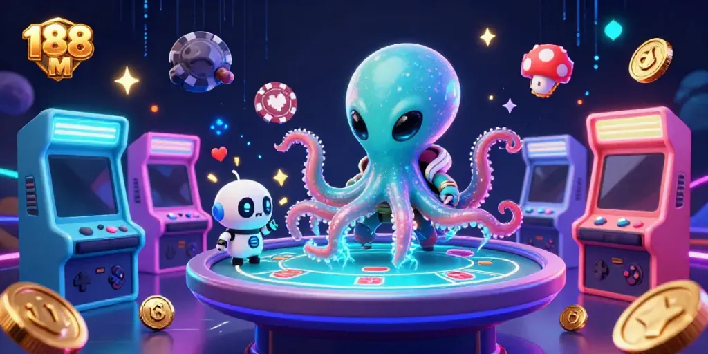 Engage in thrilling gameplay with 188 M, featuring a cosmic octopus at a holographic poker table.