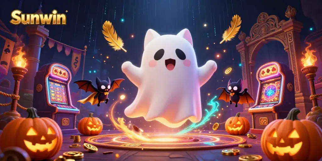 Sunwin ghost cat winning in a haunted casino surrounded by glowing poker pumpkins and dynamic game elements.