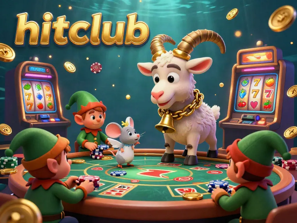 Experience the thrill at hitclub casino, featuring playful characters amidst vibrant slot machines.
