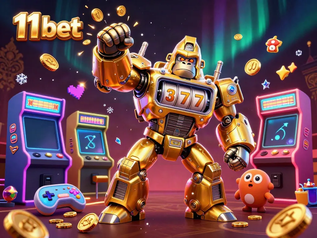 Experience the thrill at 11 bet with a dynamic 3D gorilla mech casino scene, featuring vibrant gaming elements.