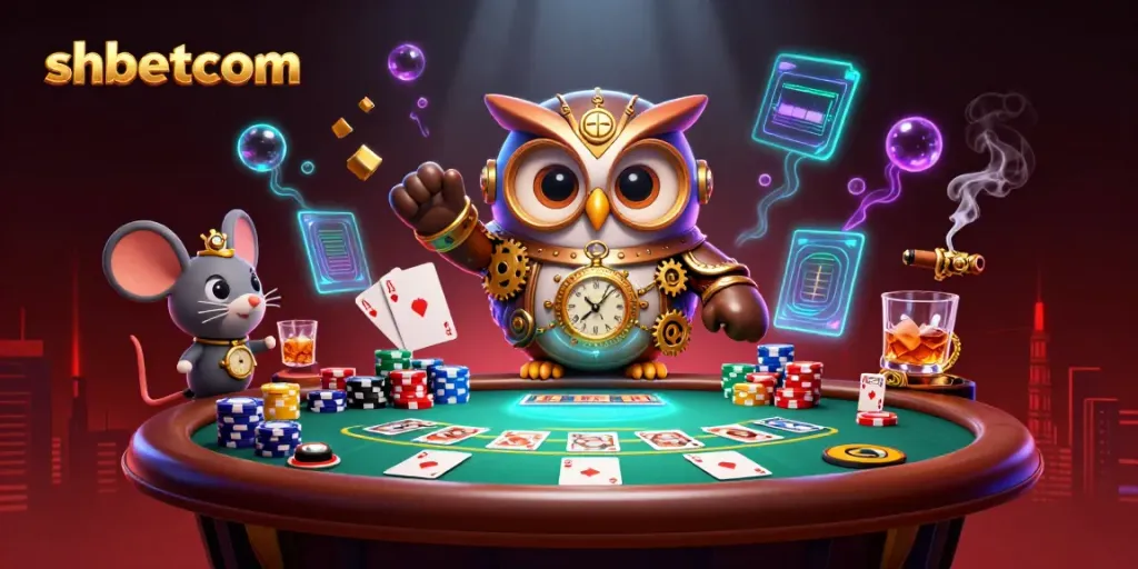 Engage in thrilling winnings at shbetcom with a cartoon owl and poker elements.